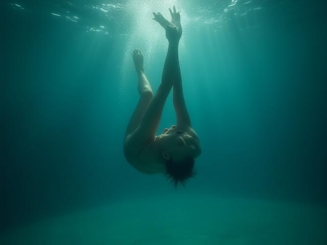 Atleta en una pose elegante y controlada bajo el agua, con finas burbujas alrededor que acentúan el movimiento.