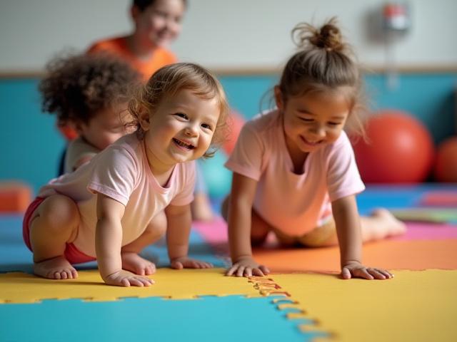 Niños pequeños realizando ejercicios de gimnasia en un entorno lúdico con coloridos equipos.