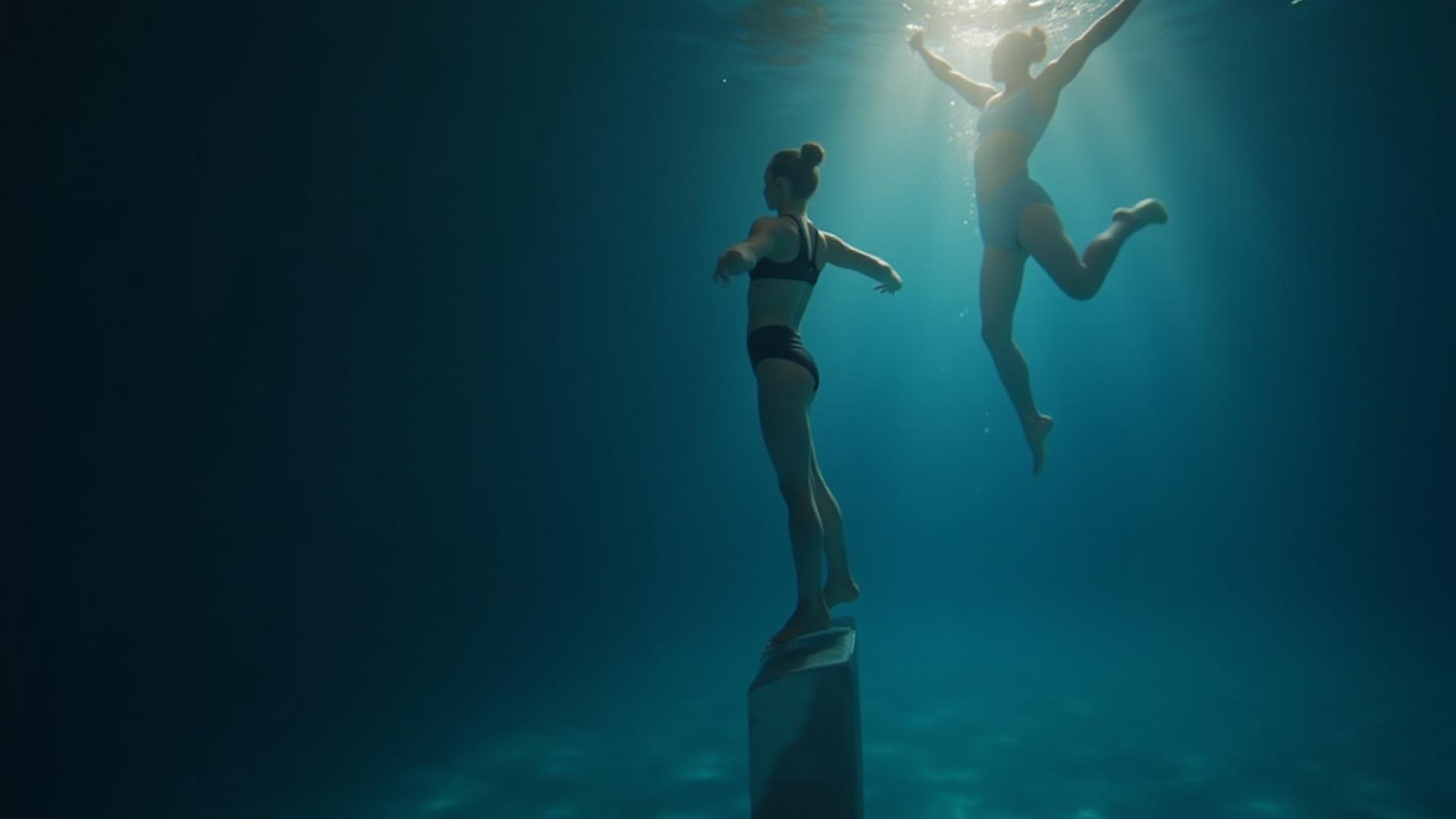 Gimnasta realizando una rutina elegante intercalada con siluetas nadando fluidamente bajo el agua, simbolizando Marea Gim.